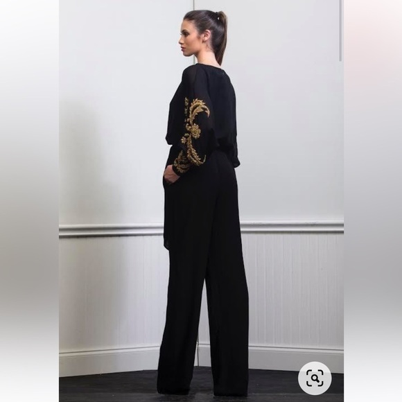 Black Silk Chiffon Jumpsuit with Gold Beaded Batwing Sleeves | Esé Azénabor - Picture 3 of 9
